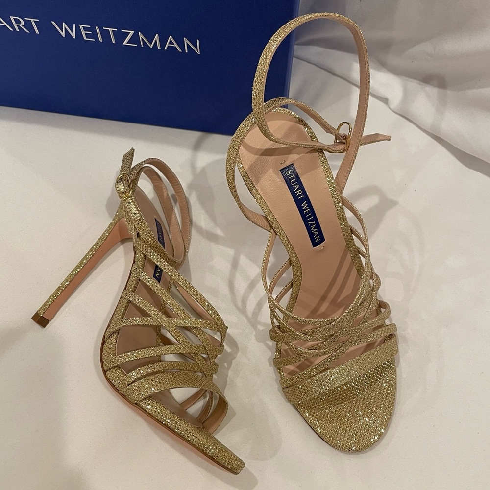 Stuart Weitzman Strappy Gold Stiletto High Heel sandals S6 BNNW